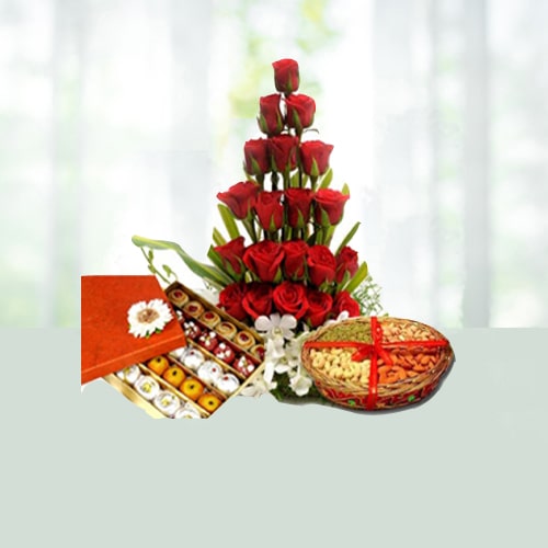 Flowers with Dryfruits and Sweets 