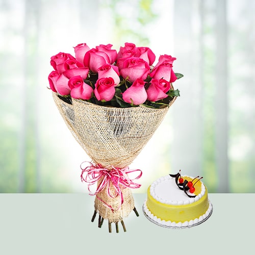 12 Pink Roses with Pineapple Cake 